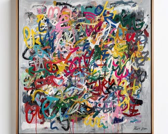 Colorful Graffiti Expressionism Abstract Canvas Art Print Large Square Framed Modern Painting for Living Room Office Wall Interior Decor