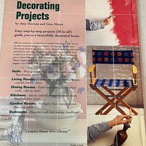 May include: Book cover for "Weekend Decorating Projects" by Amy Dawson and Gina Moore. The cover features a hand painting a wall red, a wooden chair with a floral patterned cushion, and a vase with a flower.
