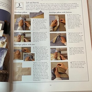 May include: Instructions for making an envelope pillow with ties. The image shows a step-by-step guide with illustrations of how to sew the fabric pieces together. The instructions include measurements in inches.