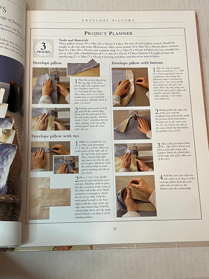May include: Instructions for making an envelope pillow with ties. The image shows a step-by-step guide with illustrations of how to sew the fabric pieces together. The instructions include measurements in inches.