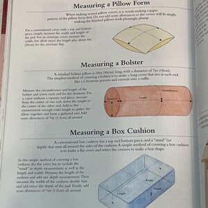 May include: Diagram showing how to measure a pillow form, bolster pillow, and box cushion for sewing a cover. The diagram includes measurements in inches.
