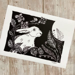 Hare Art, Black and White Hare print, Boho Wall Art, Hare lovers gift, black and white decor, mystical hare