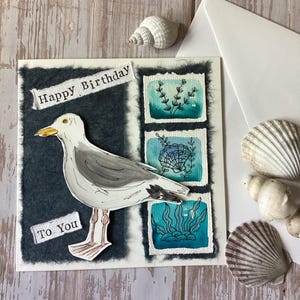 Cartão de aniversário de gaivota pintado à mão, cartão de aniversário à beira-mar, cartão com tema costeiro