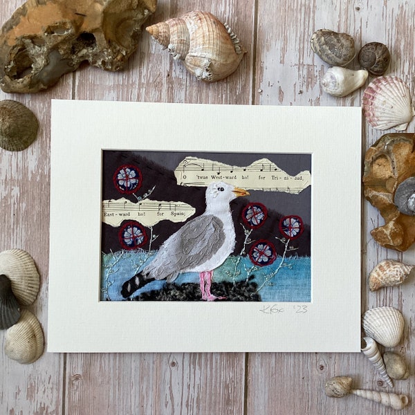 Hand stitched seagull textile collage, bird embroidery, bird textile art, nature collage, seagull gift, coastal decor, seaside home decor