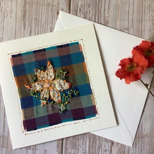 Hand embroidered floral card, textile art card, card for her, card for mum, keepsake card.