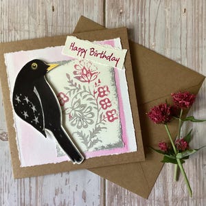 Cartão de aniversário pintado à mão, cartão para melro, cartão para amantes de pássaros, cartão inspirado na natureza