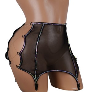 Exotic Dancewear Micro Mini Skirt, See Through Skirt, Black Rhinestone Skirt, Crystal Garter & Mini Skirt for Burlesque Costume, Stripper
