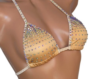 Top rhinestone gradient beige bra burlesque triangle extreme top hot Beachwear bikini bra Party bikini stripper outfits exotic dancer