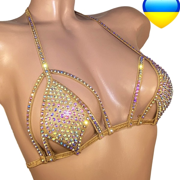 Top stripper, Rhinestone bra top, Burlesque bra erotic beach wear, Stripper Bikini, Sexy women's swimsuit, Top cheeky festival, Crystal bra