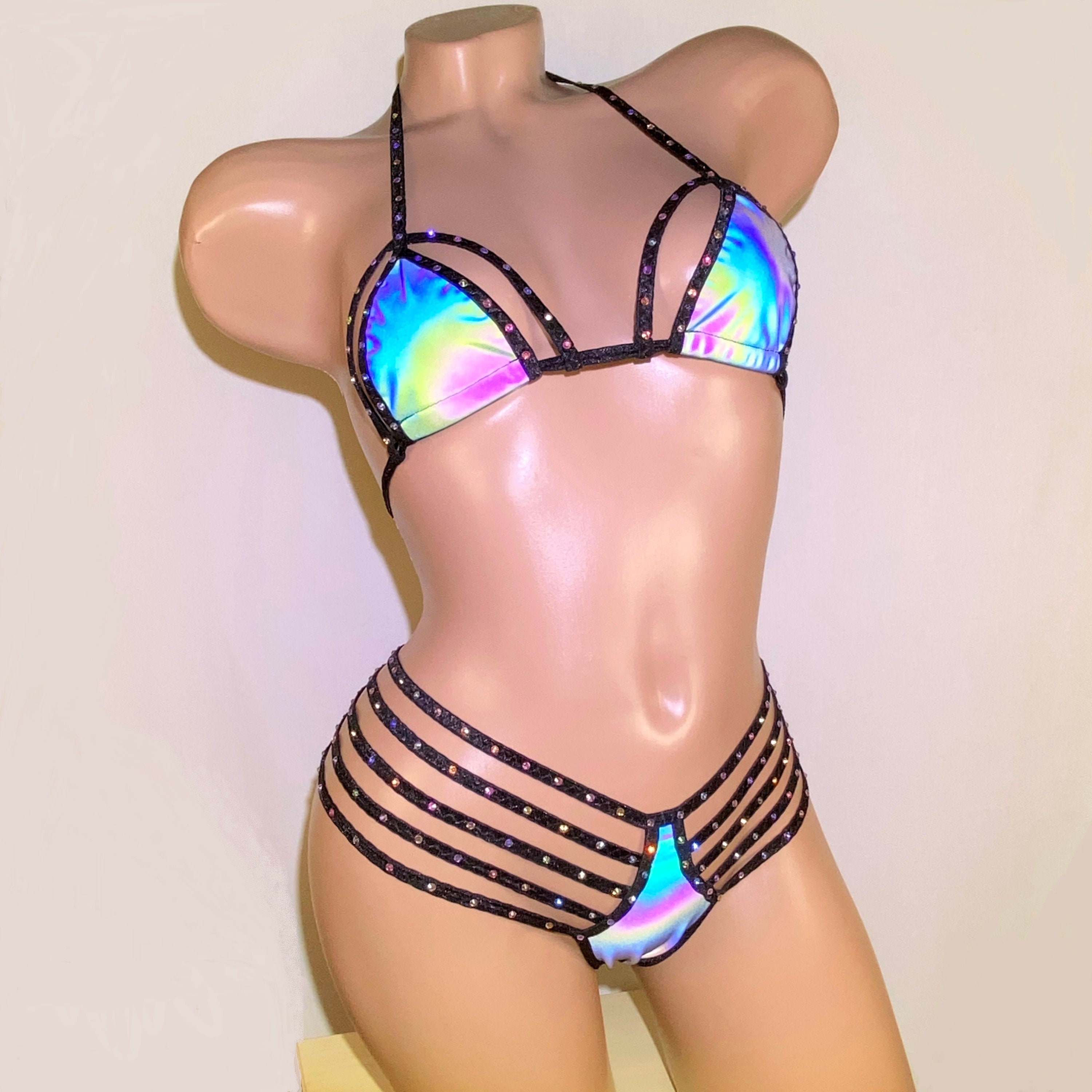 Party Bikini Rhinestone Fluorescent Flash Bikini Thong Swimsuit
