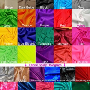 Op de afbeelding: Een kaart met 25 verschillende kleuren stof met de woorden "Fabric Shiny Hologram" in het midden. De kleuren omvatten beige, donkerbeige, zwart, blauw, grijs, groen, oranje, paars, rood, wit, geel, blauw elektrisch, turquoise, marsala, roze, lichtgroen, citroen, lila, koraal, lichtroze, zilver, goud, lila hologram, blauw hologram, zwart hologram, rood hologram, roze hologram, donkerblauw hologram, koraal hologram, turquoise hologram en smaragdgroen hologram.