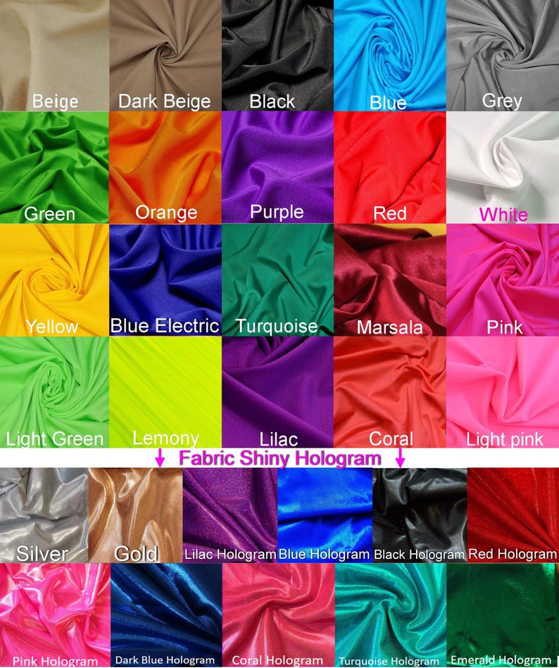 Op de afbeelding: Een kaart met 25 verschillende kleuren stof met de woorden "Fabric Shiny Hologram" in het midden. De kleuren omvatten beige, donkerbeige, zwart, blauw, grijs, groen, oranje, paars, rood, wit, geel, blauw elektrisch, turquoise, marsala, roze, lichtgroen, citroen, lila, koraal, lichtroze, zilver, goud, lila hologram, blauw hologram, zwart hologram, rood hologram, roze hologram, donkerblauw hologram, koraal hologram, turquoise hologram en smaragdgroen hologram.