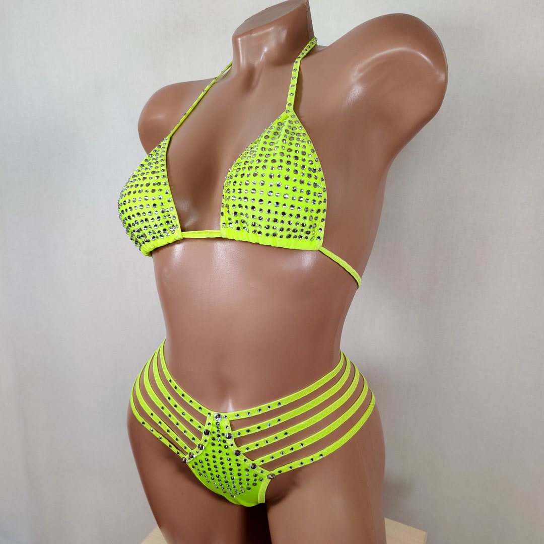 Sparkle Bikini Light Green Rhinestone Swimwear Sexy Strappy Bikini