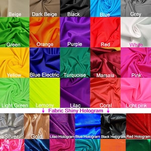 Pu&ograve; includere: Una tabella di 20 colori di tessuto diversi con una finitura olografica. I colori sono disposti in quattro righe di cinque colori ciascuna. I colori sono: beige, beige scuro, nero, blu, grigio, verde, arancione, viola, rosso, bianco, giallo, blu elettrico, turchese, marsala, rosa, verde chiaro, limoncino, lilla, corallo, rosa chiaro, argento, oro, ologramma lilla, ologramma blu, ologramma nero, ologramma rosso, ologramma rosa, ologramma blu scuro, ologramma corallo, ologramma turchese, ologramma arancione e ologramma smeraldo.