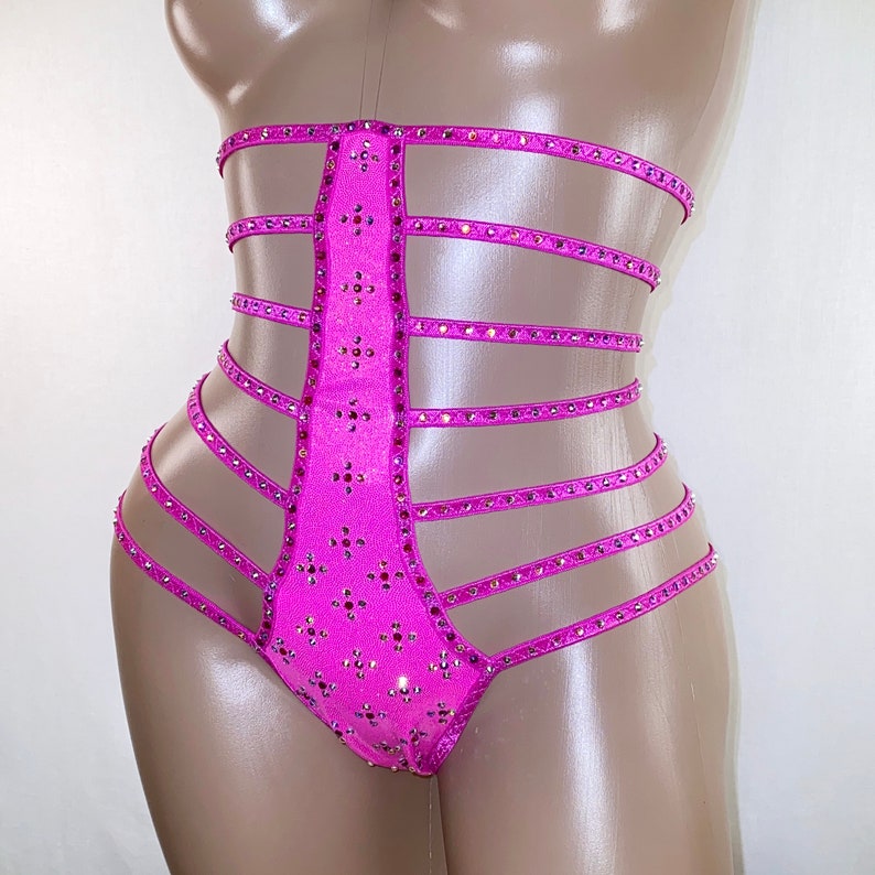 Sexy strappy lingerie pink panties rhinestones stripper outfits lingerie high crystal stripes high waisted panties handmade lingerie gift 