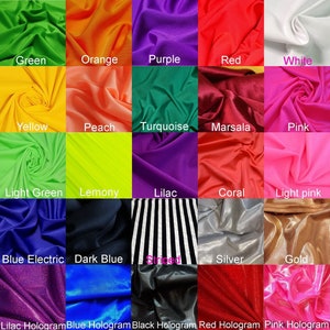 May include: A chart of fabric swatches in various colors, including beige, dark beige, black, blue, grey, green, orange, purple, red, white, yellow, peach, turquoise, marsala, pink, light green, lemony, lilac, coral, light pink, blue electric, dark blue, striped, silver, gold, lilac hologram, blue hologram, black hologram, red hologram, pink hologram, gold hologram, and silver hologram. The chart also includes a diagram showing how to correctly measure the hip.