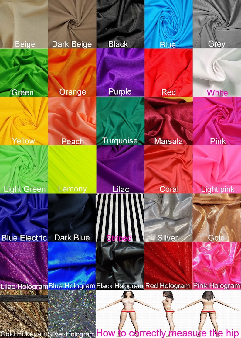 May include: A chart of fabric swatches in various colors, including beige, dark beige, black, blue, grey, green, orange, purple, red, white, yellow, peach, turquoise, marsala, pink, light green, lemony, lilac, coral, light pink, blue electric, dark blue, striped, silver, gold, lilac hologram, blue hologram, black hologram, red hologram, pink hologram, gold hologram, and silver hologram. The chart also includes a diagram showing how to correctly measure the hip.
