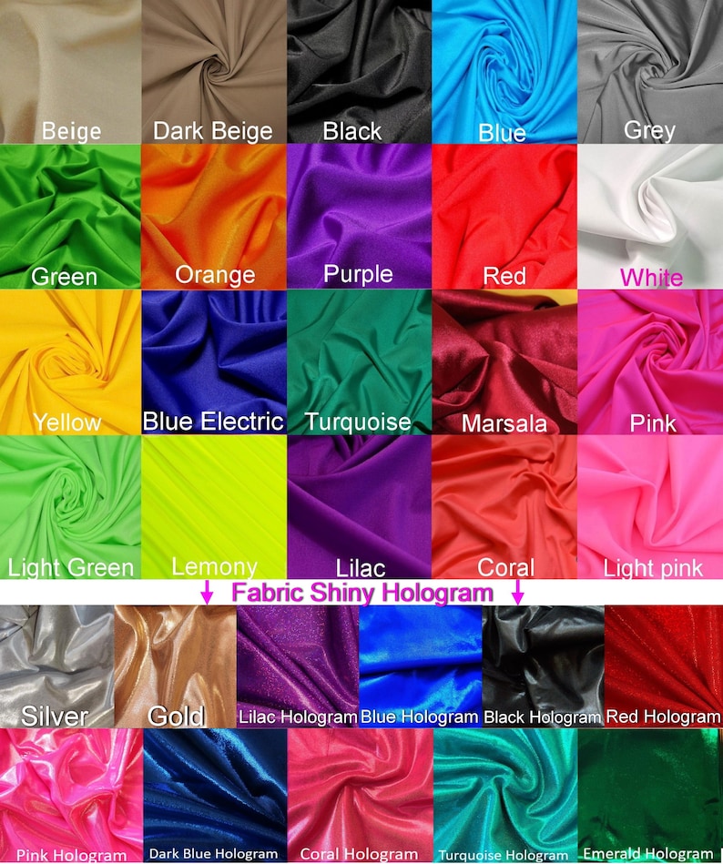 May include: A chart of 25 different colors of fabric with the words "Fabric Shiny Hologram" in the center. The colors include beige, dark beige, black, blue, grey, green, orange, purple, red, white, yellow, blue electric, turquoise, marsala, pink, light green, lemony, lilac, coral, light pink, silver, gold, lilac hologram, blue hologram, black hologram, red hologram, pink hologram, dark blue hologram, coral hologram, turquoise hologram, and emerald hologram.