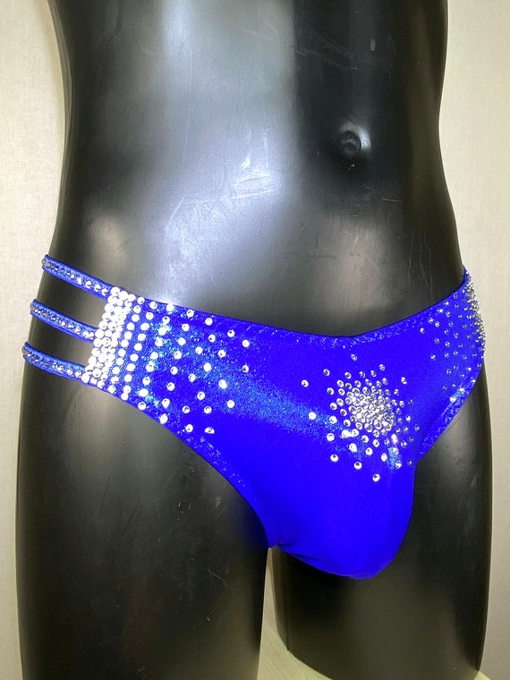 Rhinestone Brazilian Men Lingerie Crystal Men Underwear Blue Hologram Mens  Bikini Sparkle Panties Mens Sexy Briefs for a Gift Handmade 