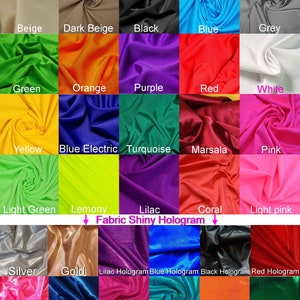 May include: A fabric swatch display showcasing various colors, including beige, black, blue, green, orange, purple, red, and white. Additional colors include yellow, turquoise, pink, and silver. The text "Fabric Shiny Hologram" is also present.