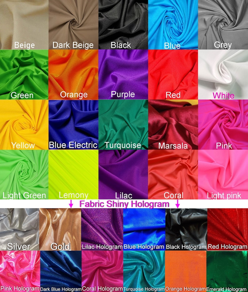 May include: A fabric swatch display showcasing various colors, including beige, black, blue, green, orange, purple, red, and white. Additional colors include yellow, turquoise, pink, and silver. The text "Fabric Shiny Hologram" is also present.