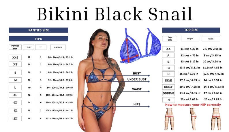 Op de afbeelding: Een maattabel voor bikini tops en bottoms. De tabel toont de overeenkomstige maten in inches en centimeters voor verschillende maten. De tabel bevat ook een diagram dat laat zien hoe je je heupen correct moet meten.