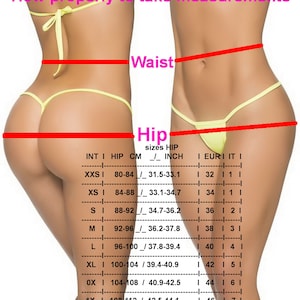 May include: Image showing how to measure waist and hip circumferences. The image includes a size chart with measurements in inches and centimeters, along with international sizing. The text at the top says "How properly to take measurements".