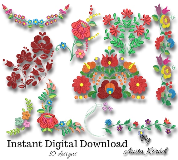 Machine Embroidery Designs Folk Flowers SET 10 items Kalocsa Matyo Pes File Il_570xn