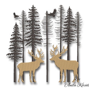 Reindeer machine embroidery design christmas forest pine tree instant digital download pes pattern