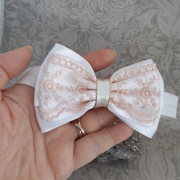 Bandeau enfant fille avec nœud, bandeau bébé festif, bandeau nœud de satin blanc et dentelle, pince à cheveux de mariée, accessoires mariage