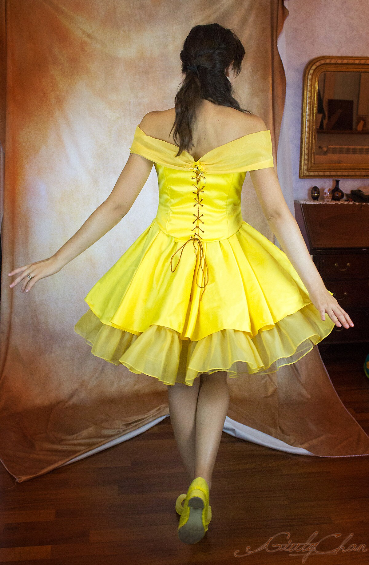 strapless open back dress Princess Belle 2017 Live Action Movie Organza Tulle Cosplay Costume Without Boning / Combination Lace Tie