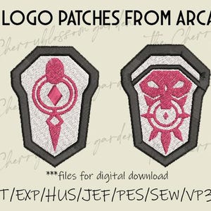 May include: Two digital embroidery designs of the VI logo from the show Arcane. The designs are in a shield shape with a white background and pink details. The text below the designs reads "DST/EXP/HUS/JEF/PES/SEW/VP3/XXX" and "***files for digital download"
