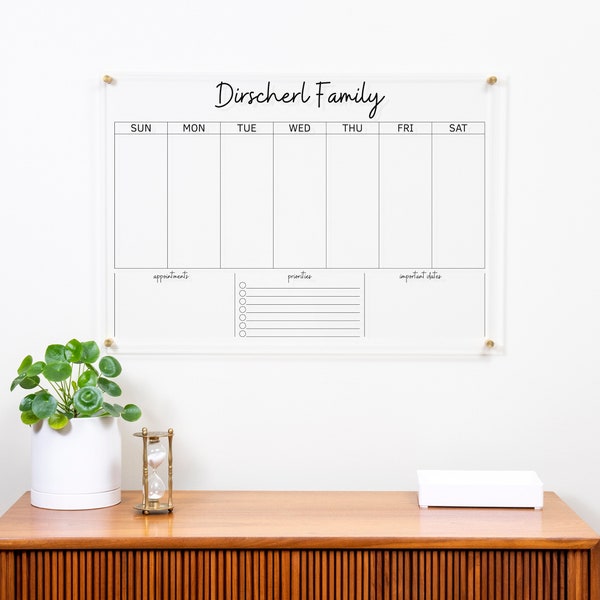 Acrylic Weekly Calendar, Clear Dry Erase Calendar, Monthly Command Center, Personalized Family Name, Notes, To Do