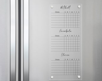 Fridge Chore Chart for Kids, Magnetic Acrylic Calendar, Family Calendar, Dry Erase Board, Wet Erase, 3 Kids