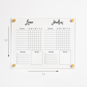 Personalized Acrylic Chore Chart for 2 Kids | Clear Dry Erase Board | Wall Mounted Family Responsibility Chart | Adult Toddler Boy Girl #206