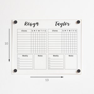 Personalized Chore Chart for 2 Kids | Clear Acrylic Dry Erase Board | Family Wall Planner | Adult Toddler Boy Girl  #204