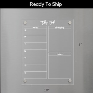 Magnetic Weekly Calendar for Fridge, Acrylic Dry Erase Board, Meal Planner, Grocery List, Notes. White Text or Black Text #721