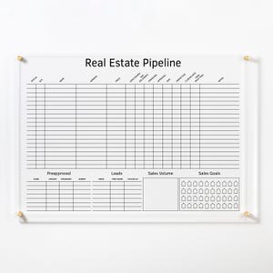 May include: A clear acrylic wall board titled Real Estate Pipeline with black printed grid lines and headers. The board features sections for status, name, address, price, and dates, plus smaller tables for preapproved, leads, sales volume, and sales goals.