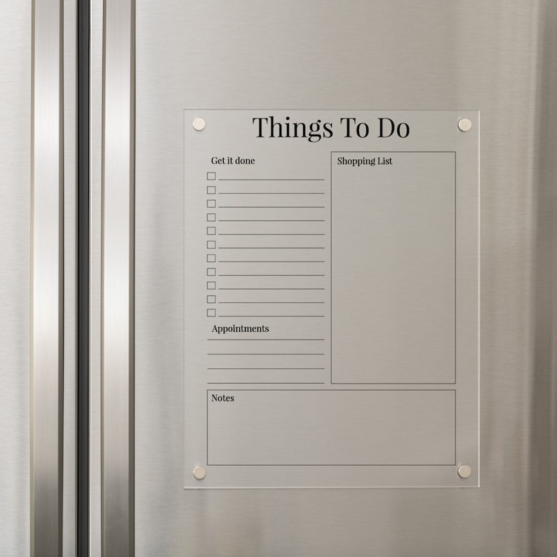 May include: A white dry-erase board with the title "Things To Do" and sections for "Get it done", "Shopping List", "Appointments", and "Notes".