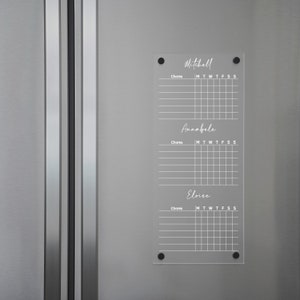 Fridge Chore Chart for Kids, Magnetic Acrylic Calendar, Family Calendar, Dry Erase Board, Wet Erase, 3 Kids