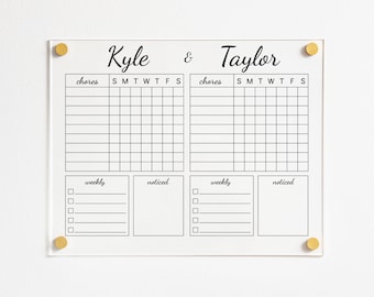 Personalized Chore Chart for 2 Kids, Acrylic Dry Erase Board, Family Planner, Command Center