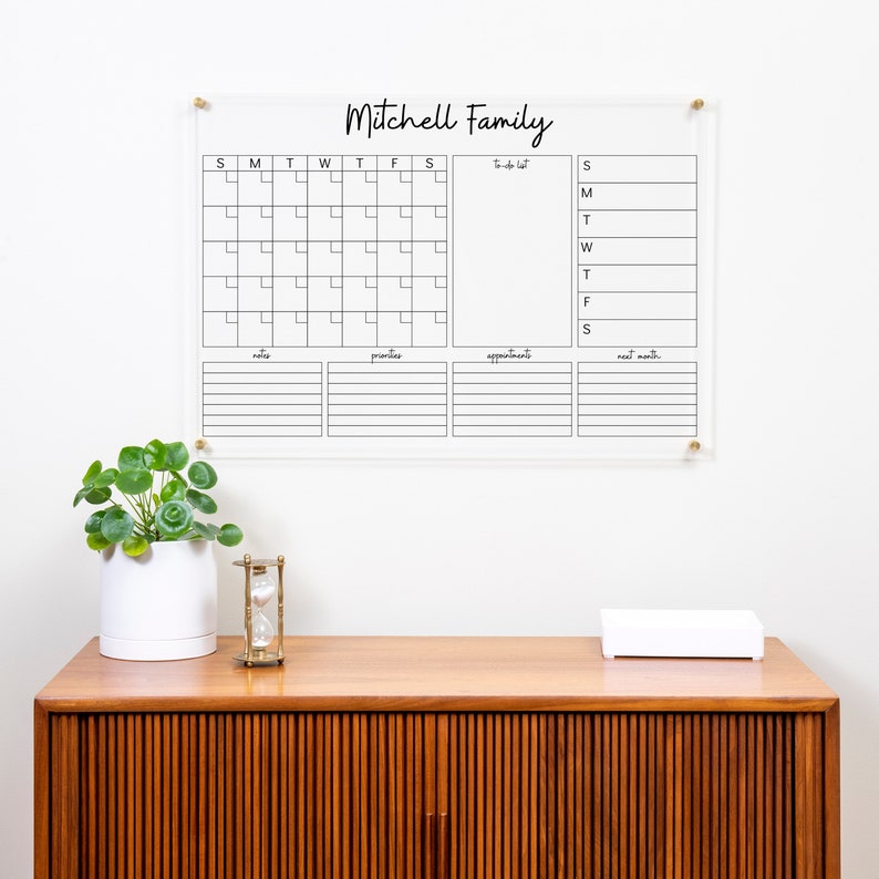 Clear Dry Erase Acrylic Wall Calendar, Personalized Family Name, Modern Calendar, Acrylic Decor image 1