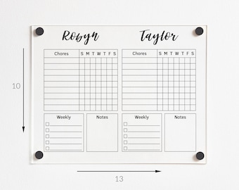 Personalized Chore Chart for 2 Kids | Clear Acrylic Dry Erase Board | Family Wall Planner | Adult Toddler Boy Girl  #204