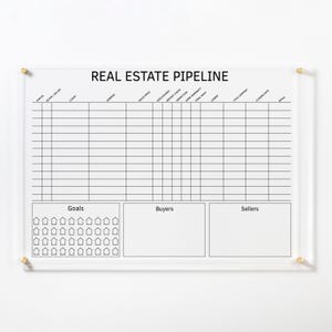 May include: A clear acrylic wall-mounted board titled REAL ESTATE PIPELINE with black printed grid lines and headers for tracking property transactions. It includes sections for Goals with house icons, Buyers, and Sellers, secured by gold hardware.