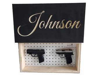Hidden Gun Safe with Engraved Last Name - Gun Cabinet Case with Soft Close Door - Handgun Storage Box  - Personalized Anniversary Gift
