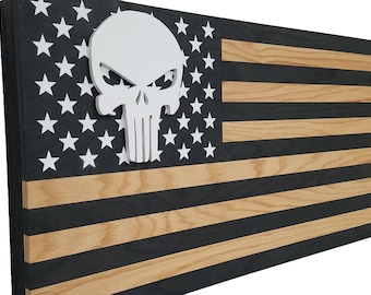 36" Punisher Skull Distressed American Flag Gun Concealment Cabinet Locking Discreet Hidden Storage AR AK tactical case Patriotic Art