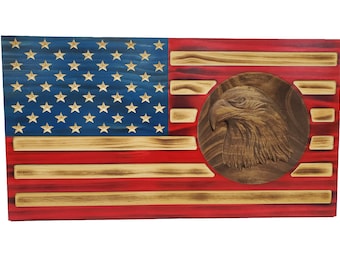 19" Rustic American Flag with 3D engraved eagle coin handgun concealment cabinet hidden pistol furniture concealed gun firearm storage safe