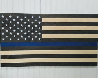 American Flag Thin Blue Line Theme Wooden Wall Mount Art Decor USA Decoractive Patriotic Furniture Law Enforement Mural Artwork Portrait