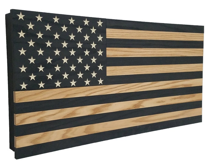 39" Oak Dark Rustic Black American Flag with Blonde Accent Gun Concealment Cabinet Lockable Hidden Gun Storage Discreet AK AR tactical case