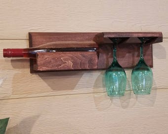 Nice Custom made wall mount wine bottle glass holder storage orginize rack organizer floating shelf solid poplar hardwood in Red Mahogany